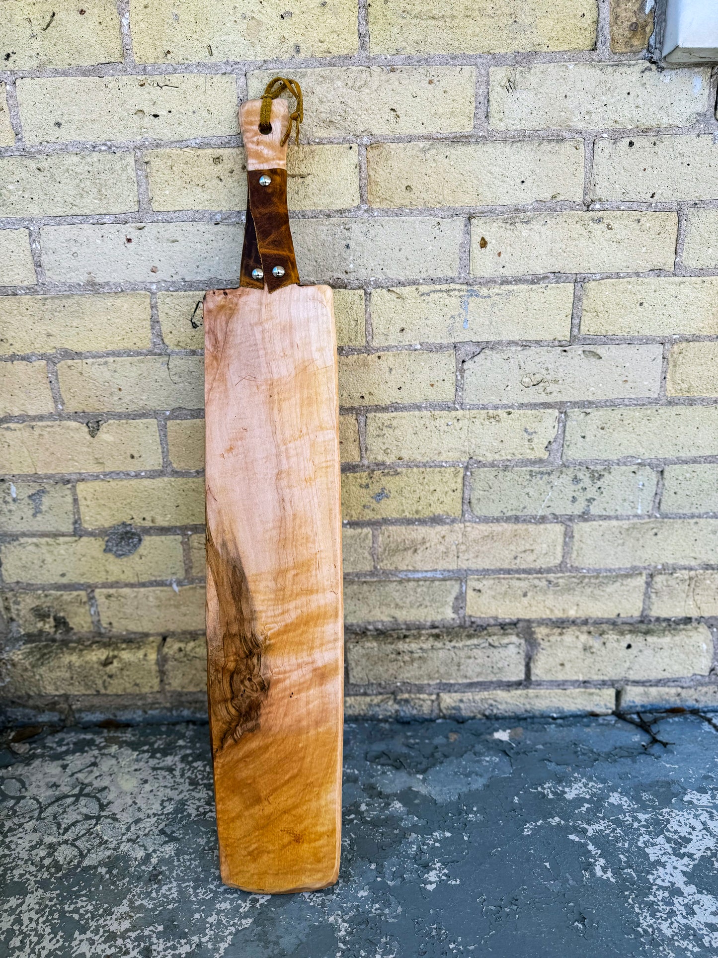 Handmade Solid maple BDSM Spanking Paddle – Distressed Leather Handle, Organic Coconut Oil Finish