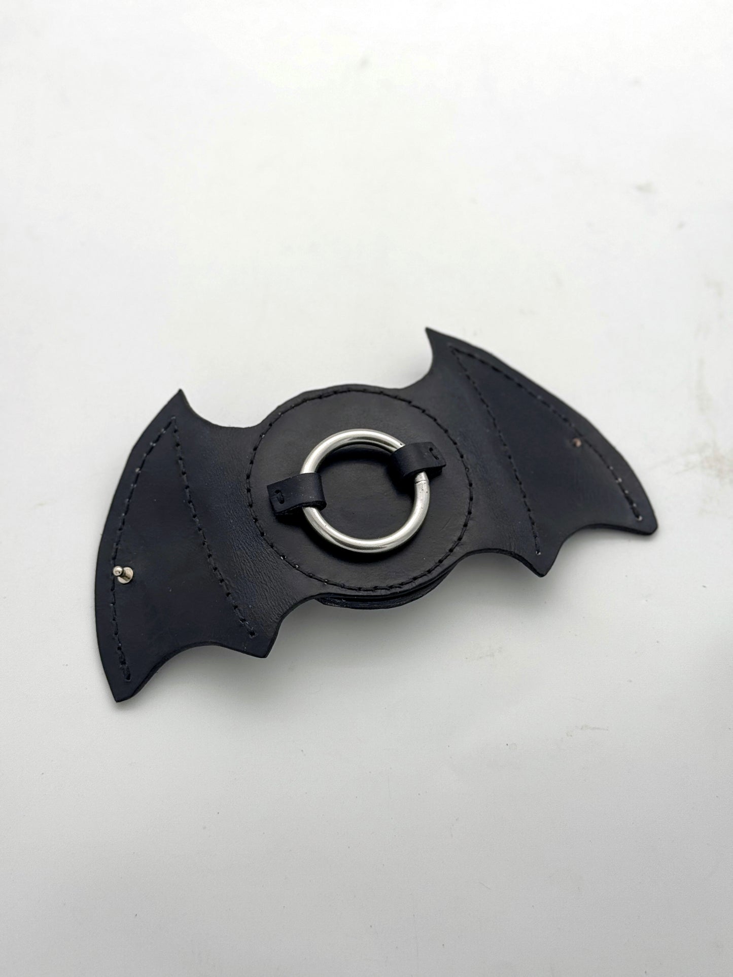 Handmade Bat Wing Compact Mirror – Full Grain Leather with Stainless Steel Ring